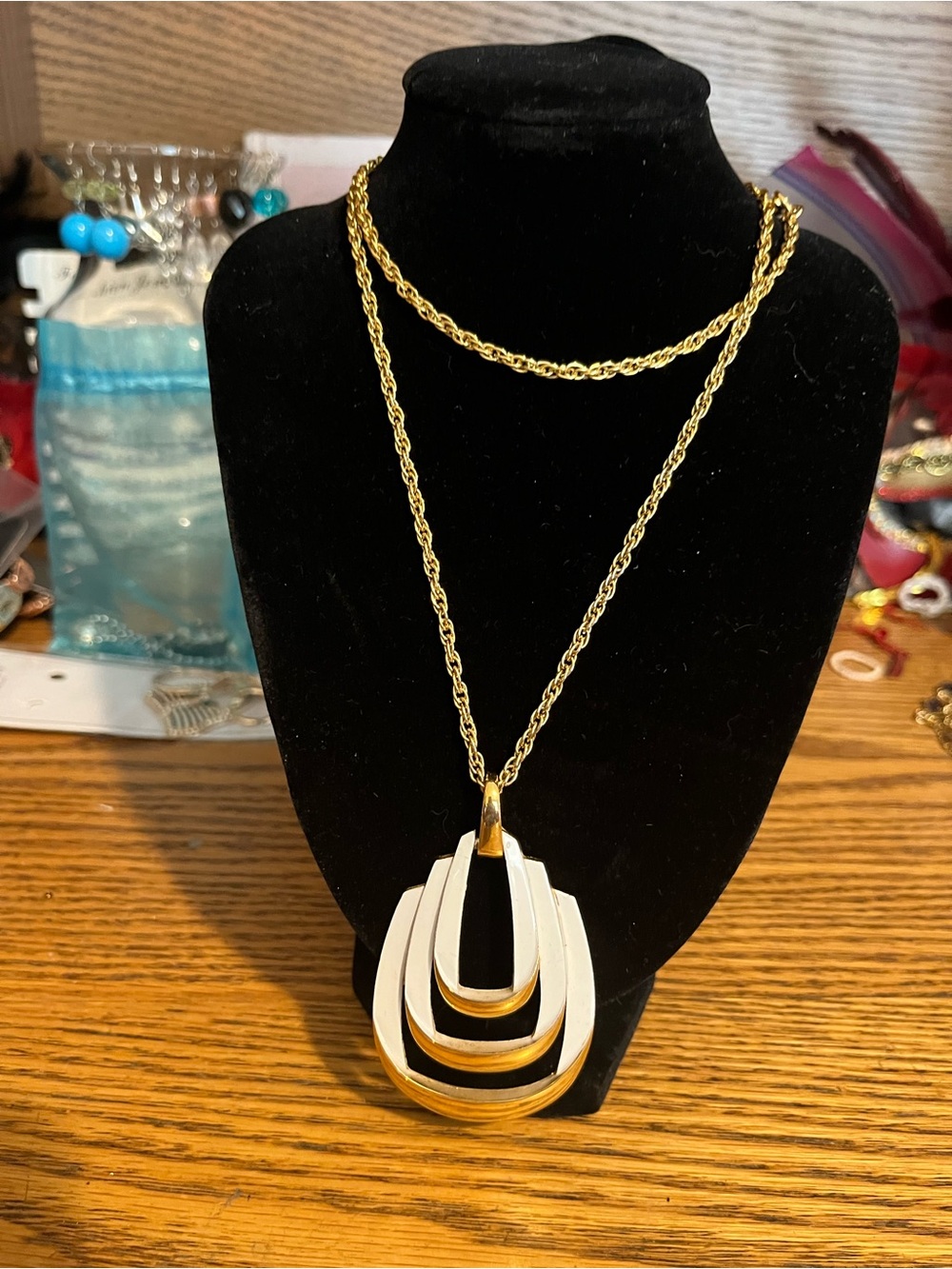 Gold-Tone Necklace with White Layered Pendant by